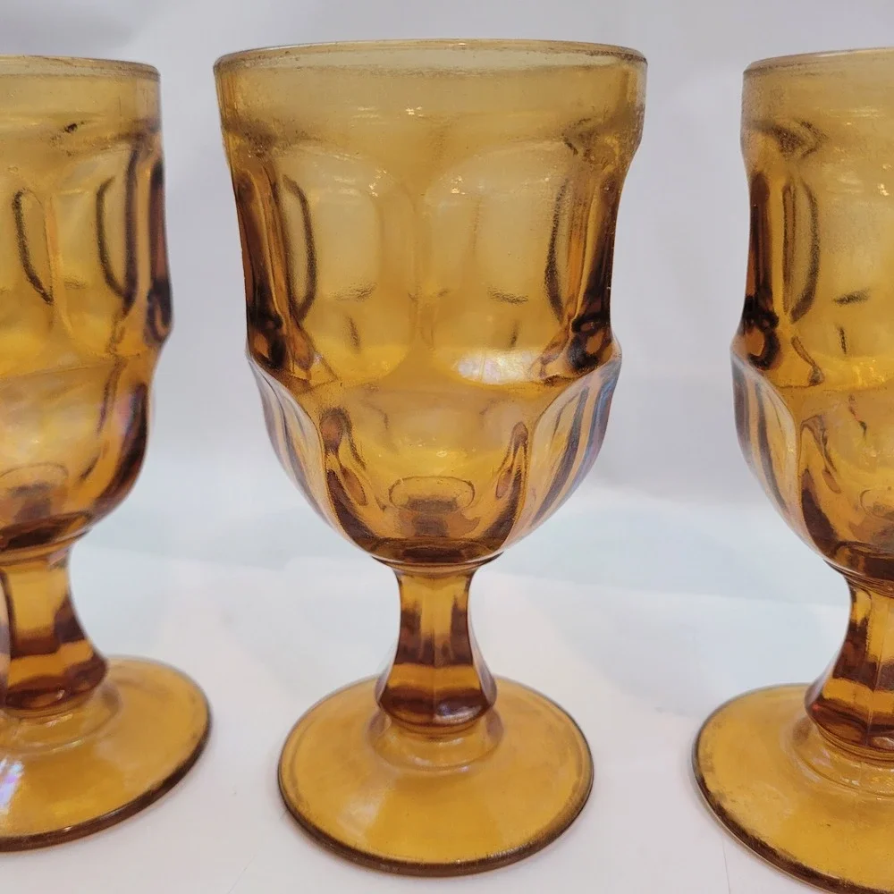 Indiana Glass Whitehall Amber Goblets Vintage Set of 3 Cubist Footed Glasses